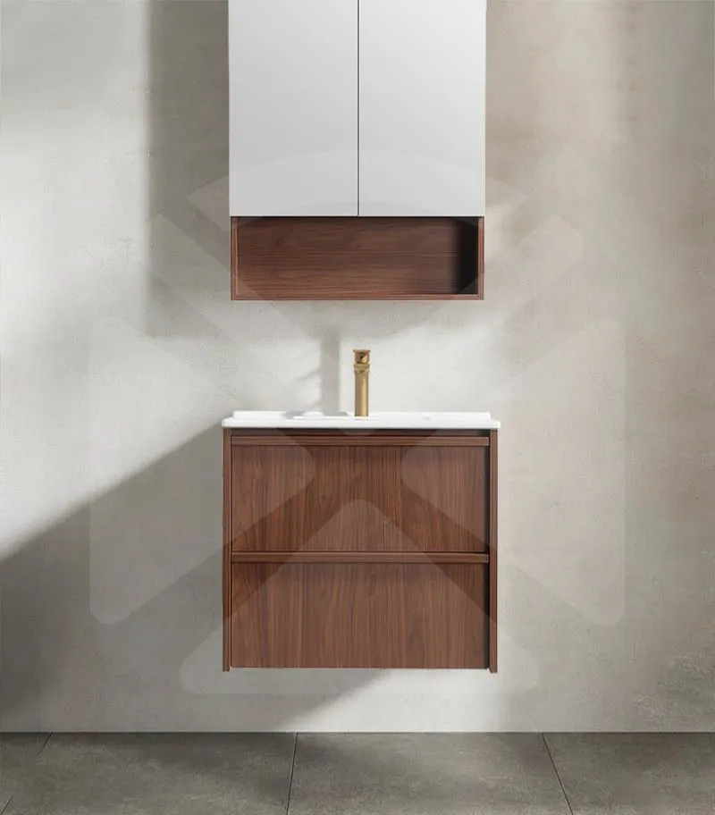 Ridgewood 600mm Plywood Wall Hung Vanity - Mocha Oak with Ceramic Top
