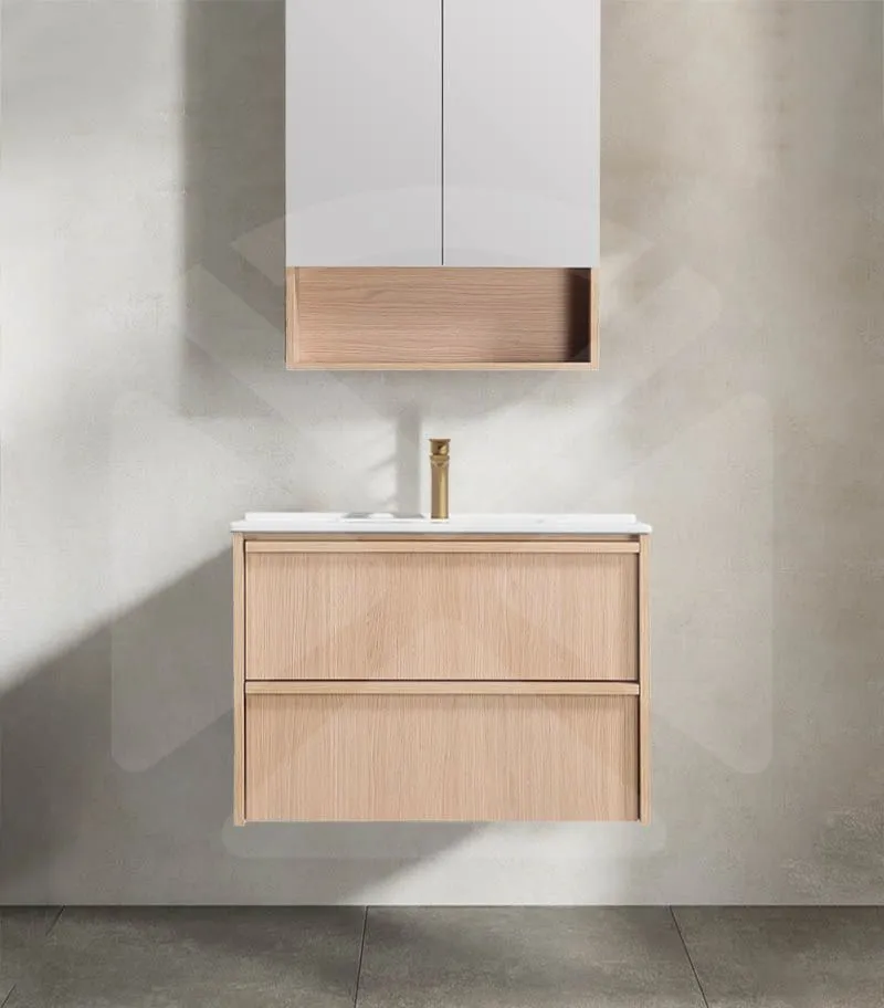 Ridgewood 750mm Plywood Wall Hung Vanity - Sandy Oak with Ceramic Top