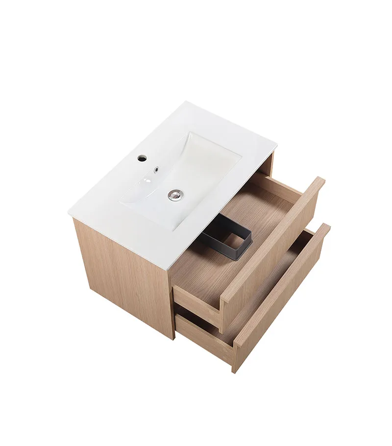 Ridgewood 750mm Plywood Wall Hung Vanity - Sandy Oak Open Drawer