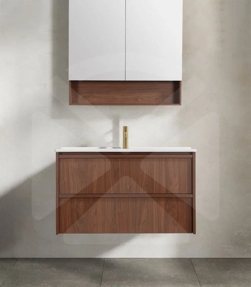 Ridgewood 900mm Plywood Wall Hung Vanity - Mocha Oak with Ceramic Top