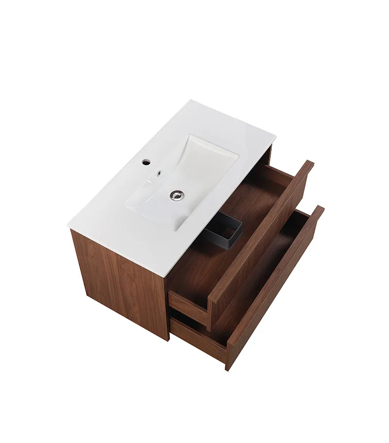 Ridgewood 900mm Plywood Wall Hung Vanity - Mocha Oak Open Drawer